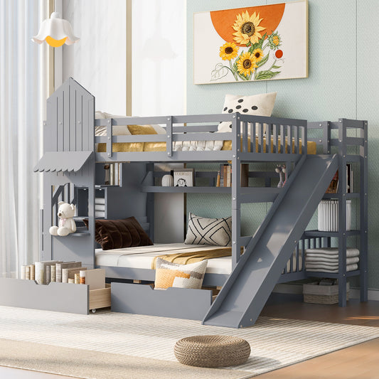 Full-Over-Full Castle Style Bunk Bed with 2 Drawers 3 Shelves and Slide - Gray - primary color shot