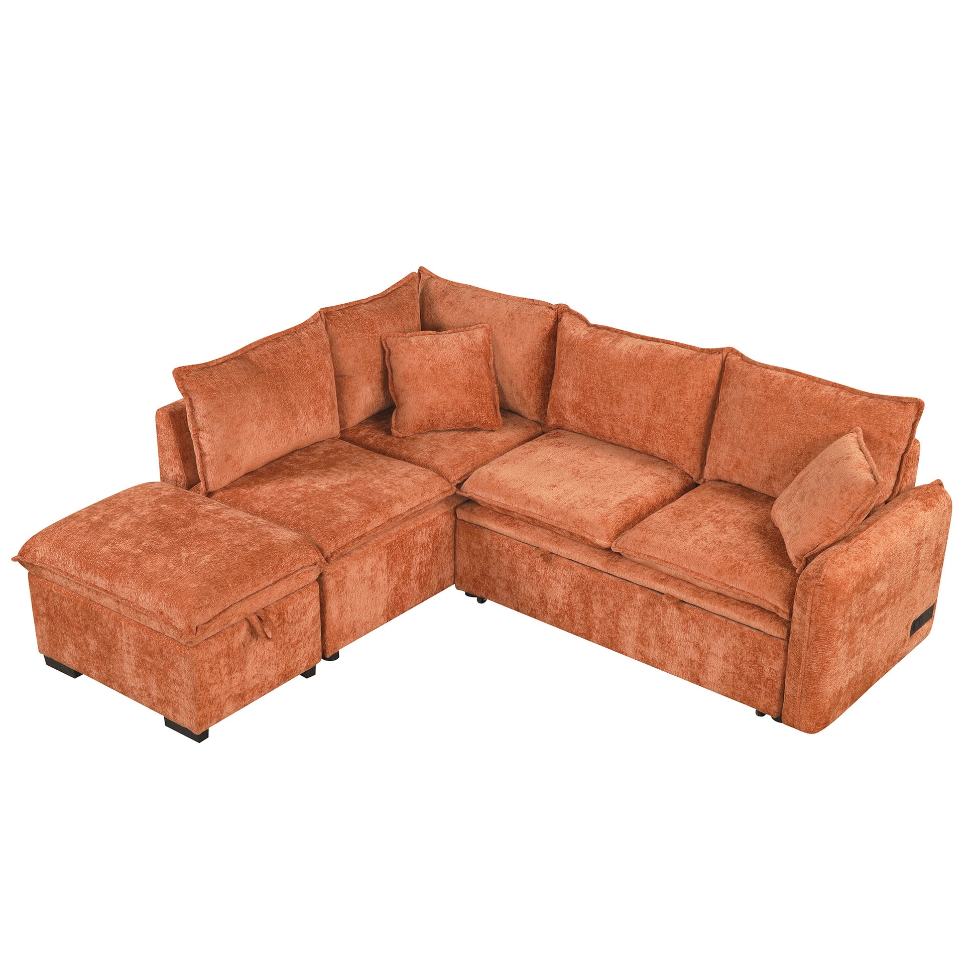 Convertible L-shaped Sofa Bed with Storage Ottoman, Power Sockets & USB Ports, Orange Chenille, 82.67' - primary color shot