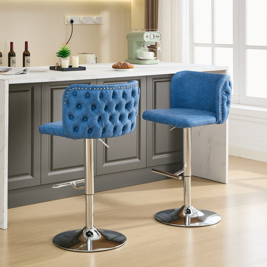 Blue PU Leather Tufted Bar Stool with Silver Legs (Set of 2)