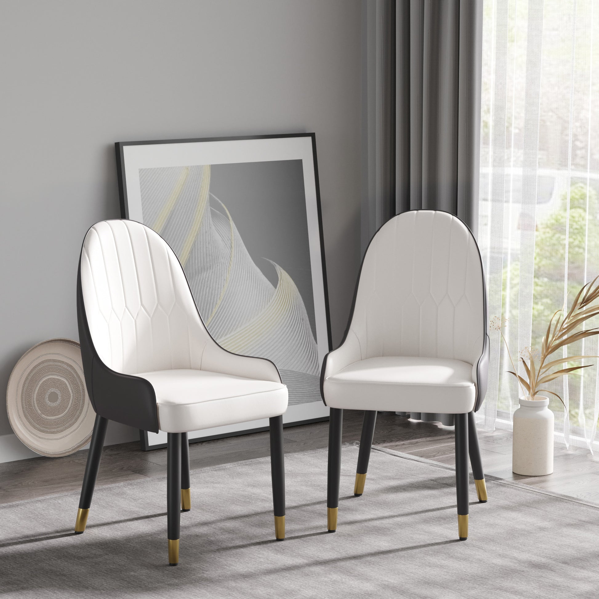 Saskia Modern PU Leather Side Chairs with Gold Tipped Legs Set of 2 Dark Brown & White