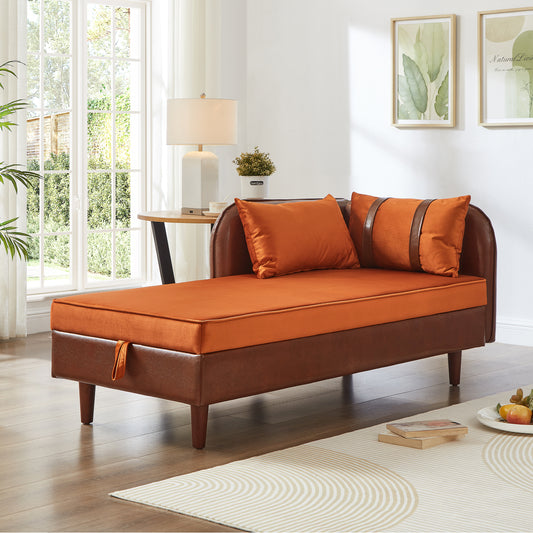 65" Storage Chaise Lounge Sofa Brown PU & Orange Velvet - primary color shot