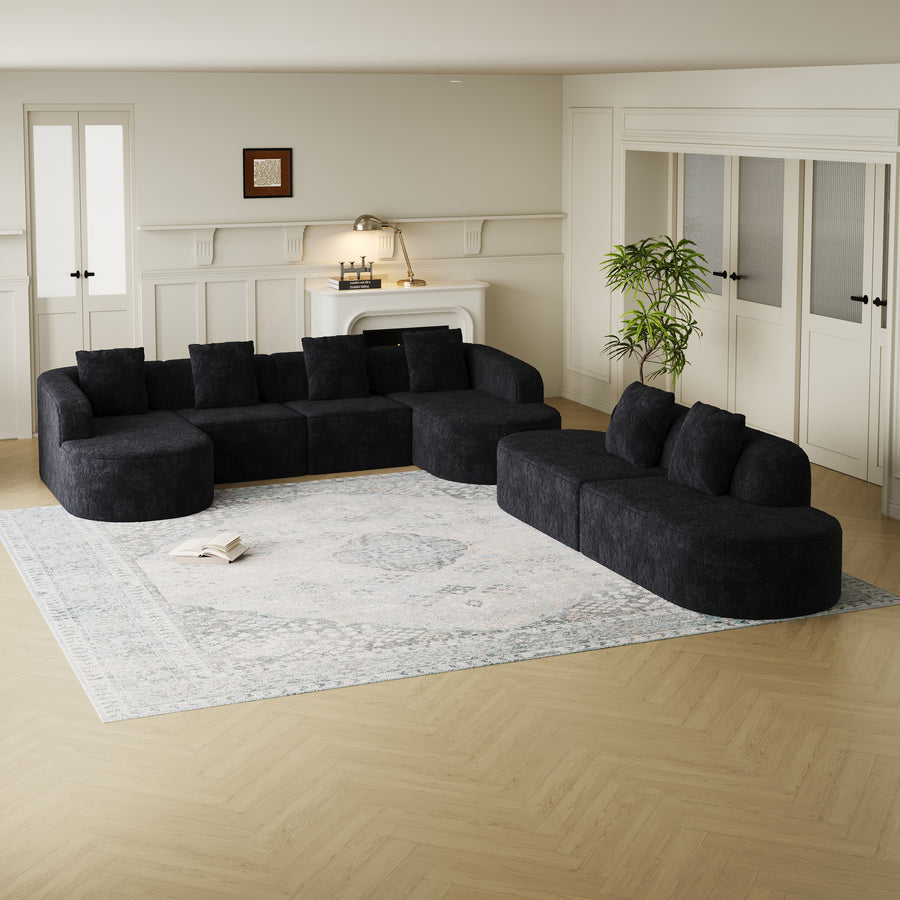 111.8-inch L-shaped curved modular sofa, modern design featuring lychee-textured long-pile polyester fabric, curved backrest with three pillows - primary color shot