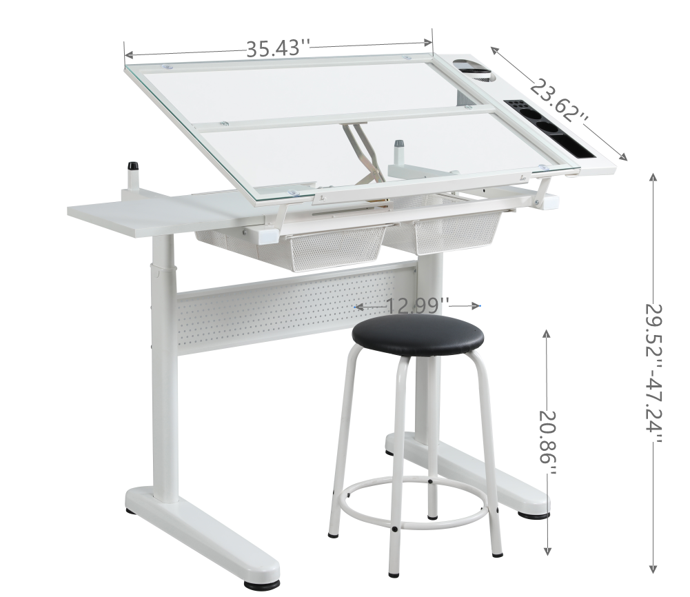 Malachai Hand Crank Adjustable Drafting Desk with Stool, White