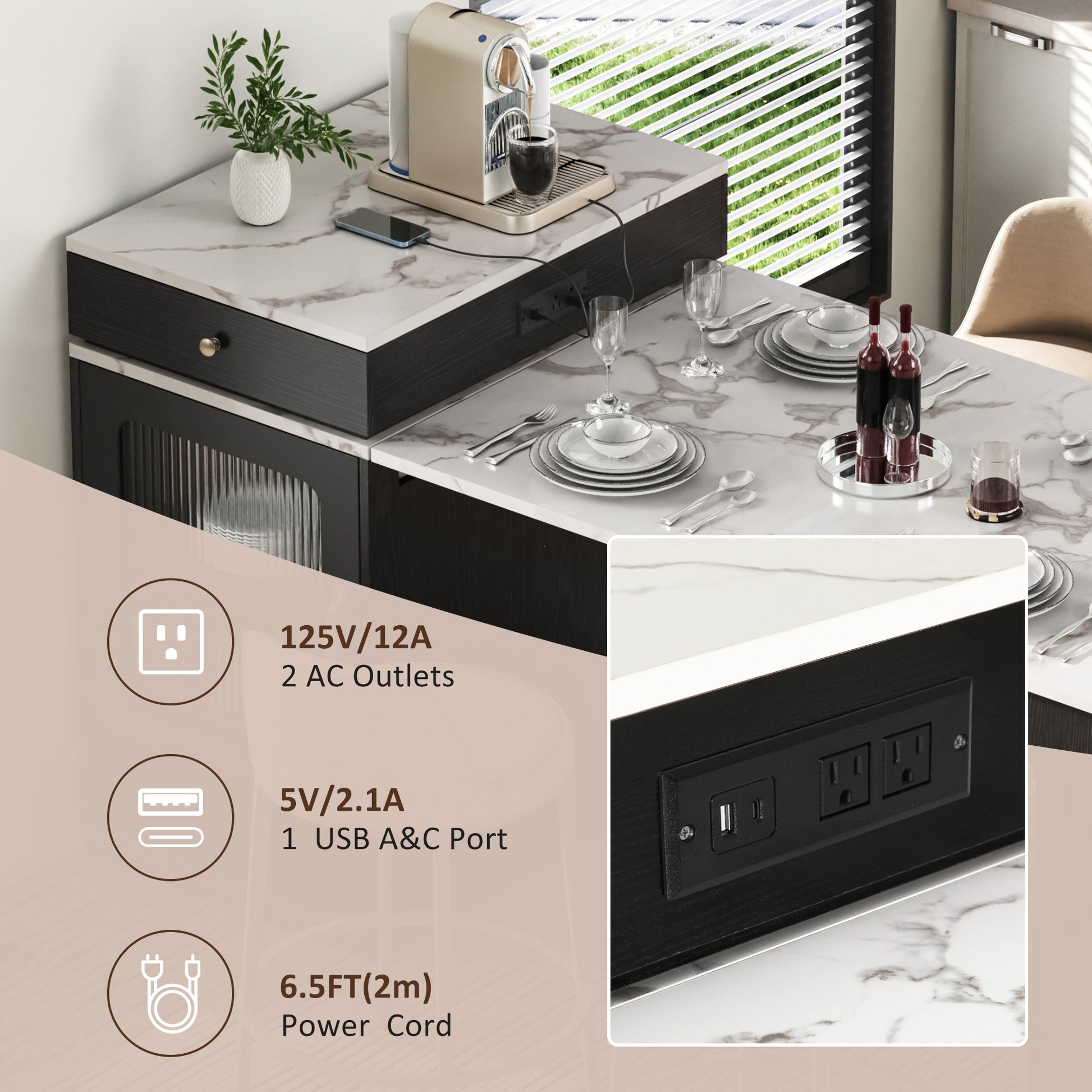 K&k 59.5' Kitchen Island with Extendable Dining Table - Black - detail view 7