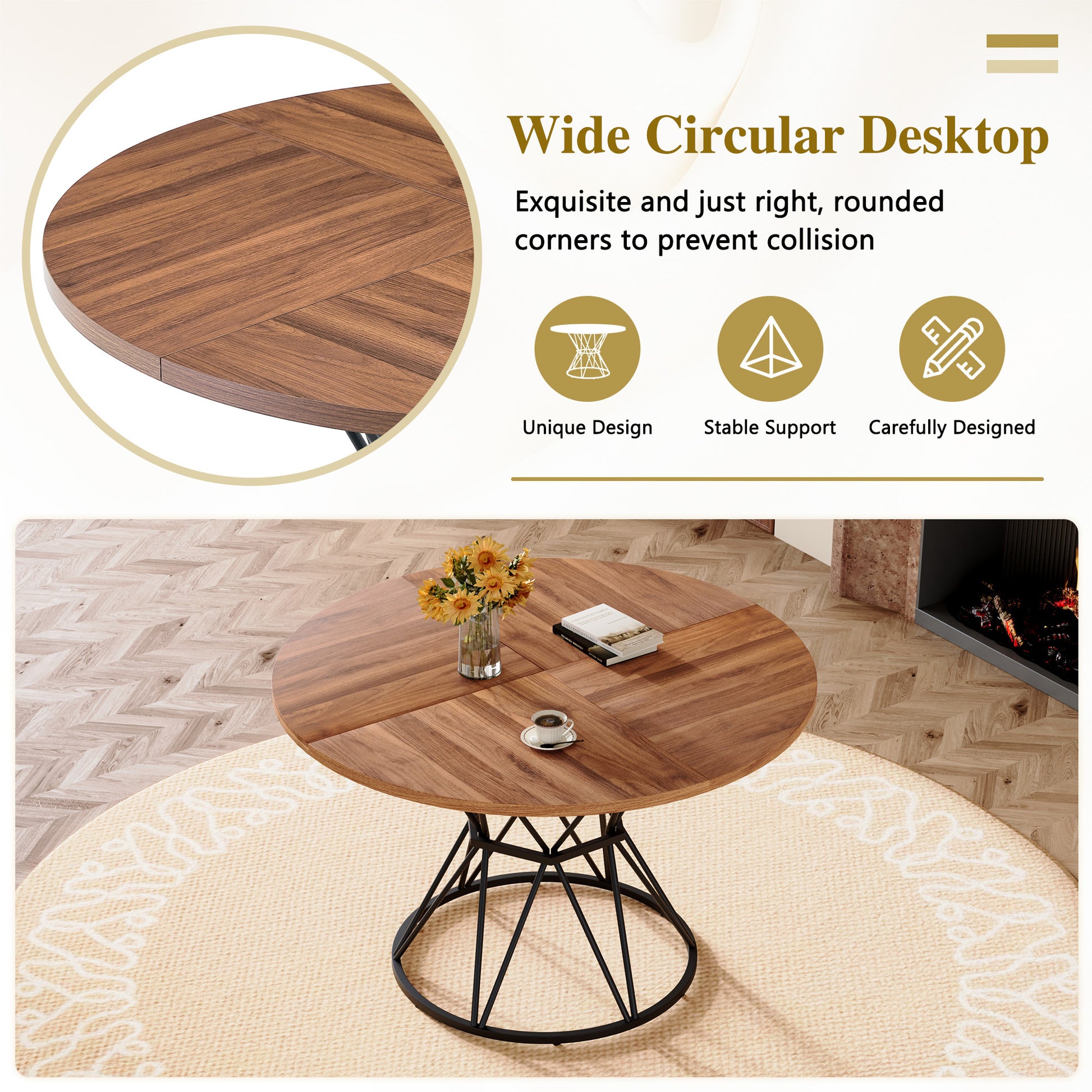 A Circular Dining Table with a Diameter of 47" - Black & Walnut - detail view 6