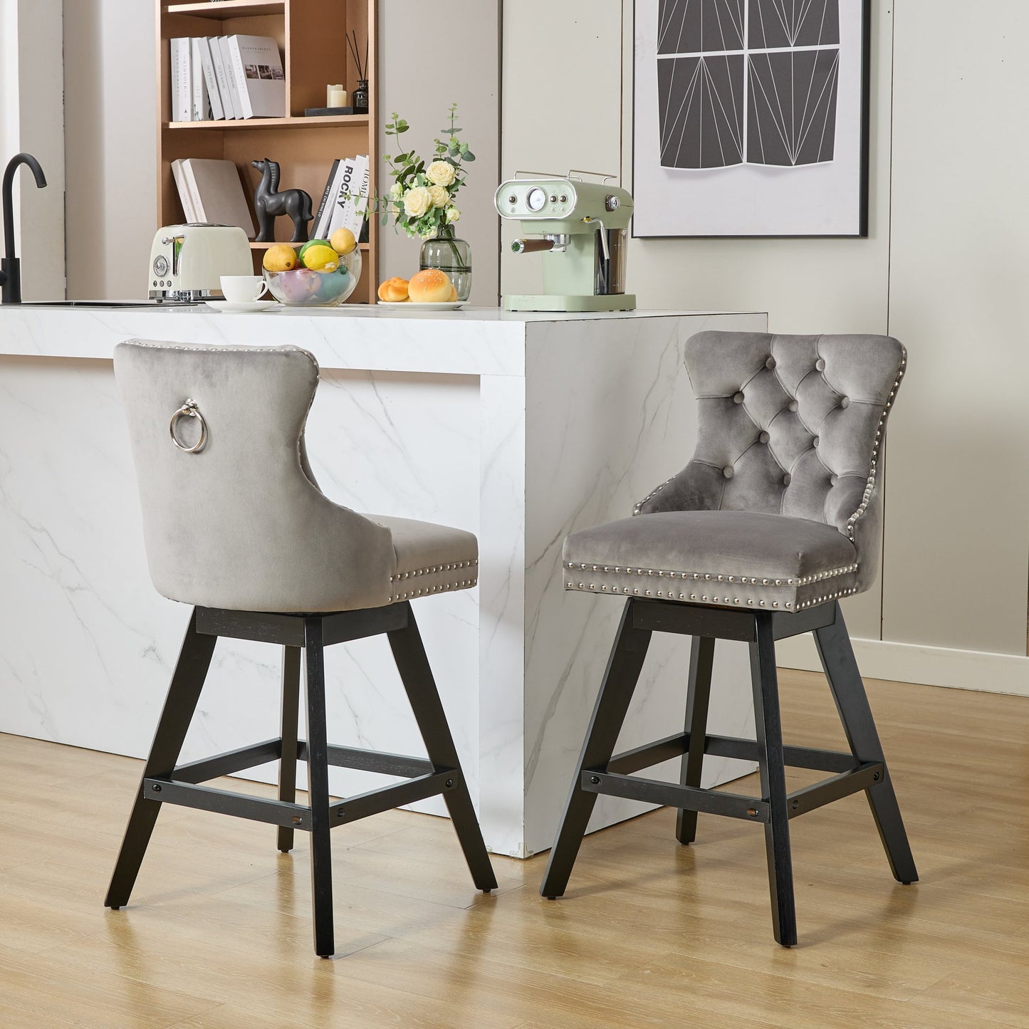 Gray Fabric Tufted Nailhead Trim Bar Stool with Silver Legs (Set of 2)