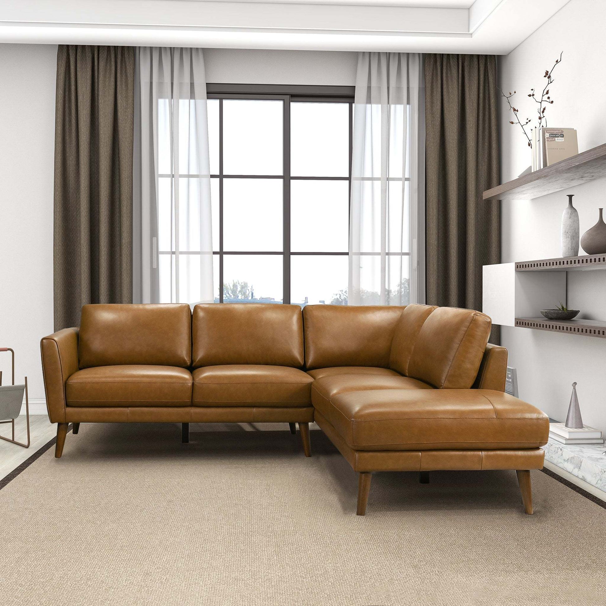 Mid-In Mod Benson Tan Leather Sectional Sofa with Right Facing Chaise - Mid-Century Modern Design - detail view 6