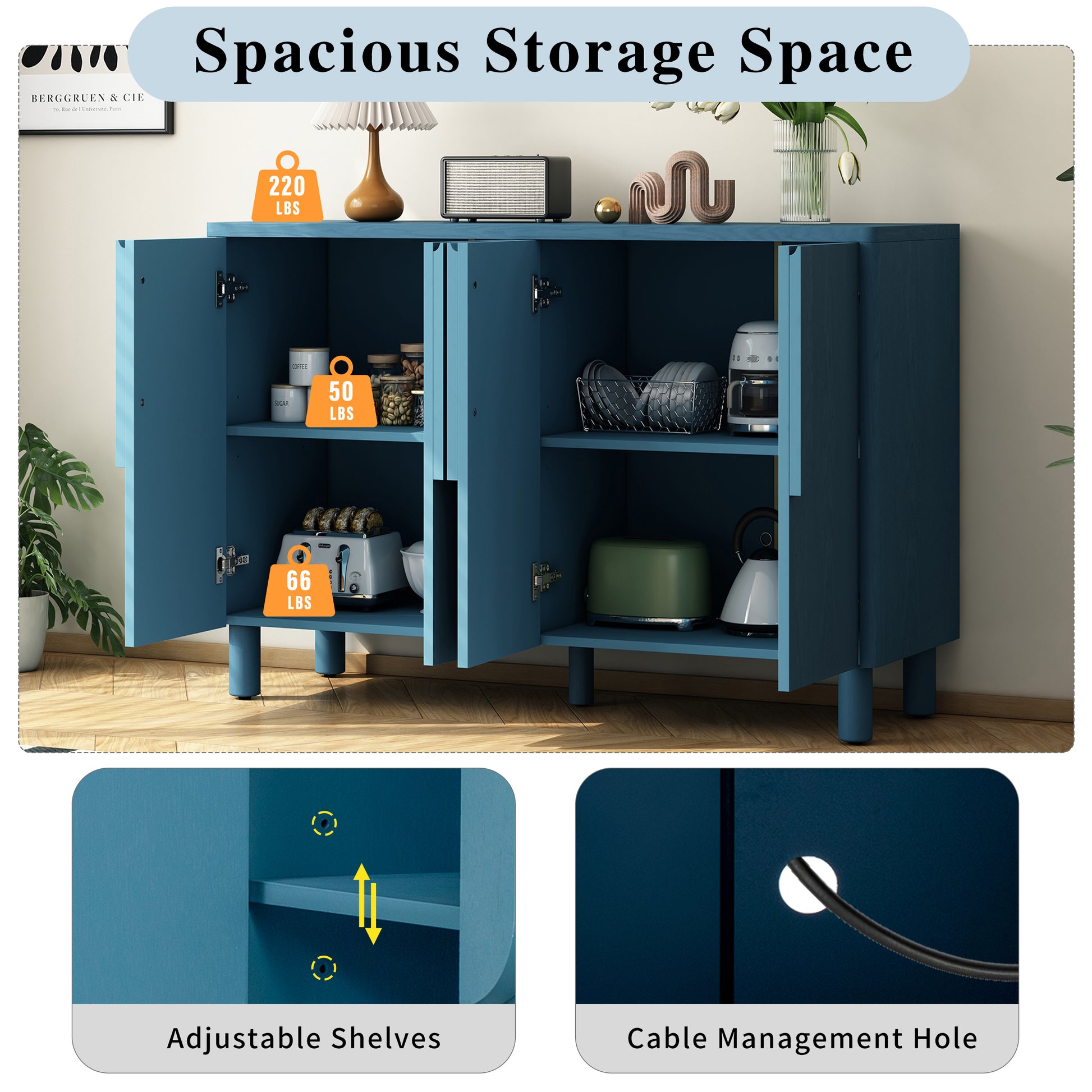 TREXM 4-Door Buffet Cabinet with Storage - Navy - detail view 7