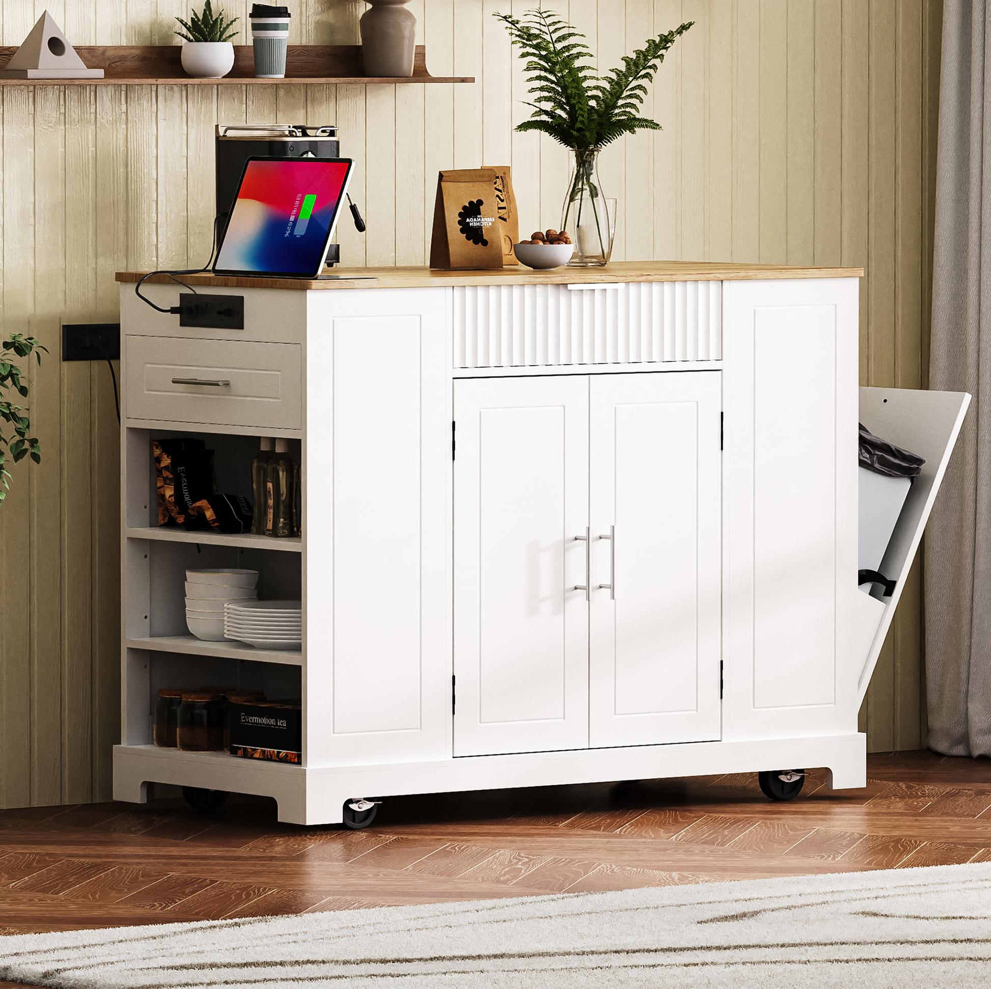 K&k Fluted Kitchen Island with Trash Can Storage Cabinet - White - detail view 4