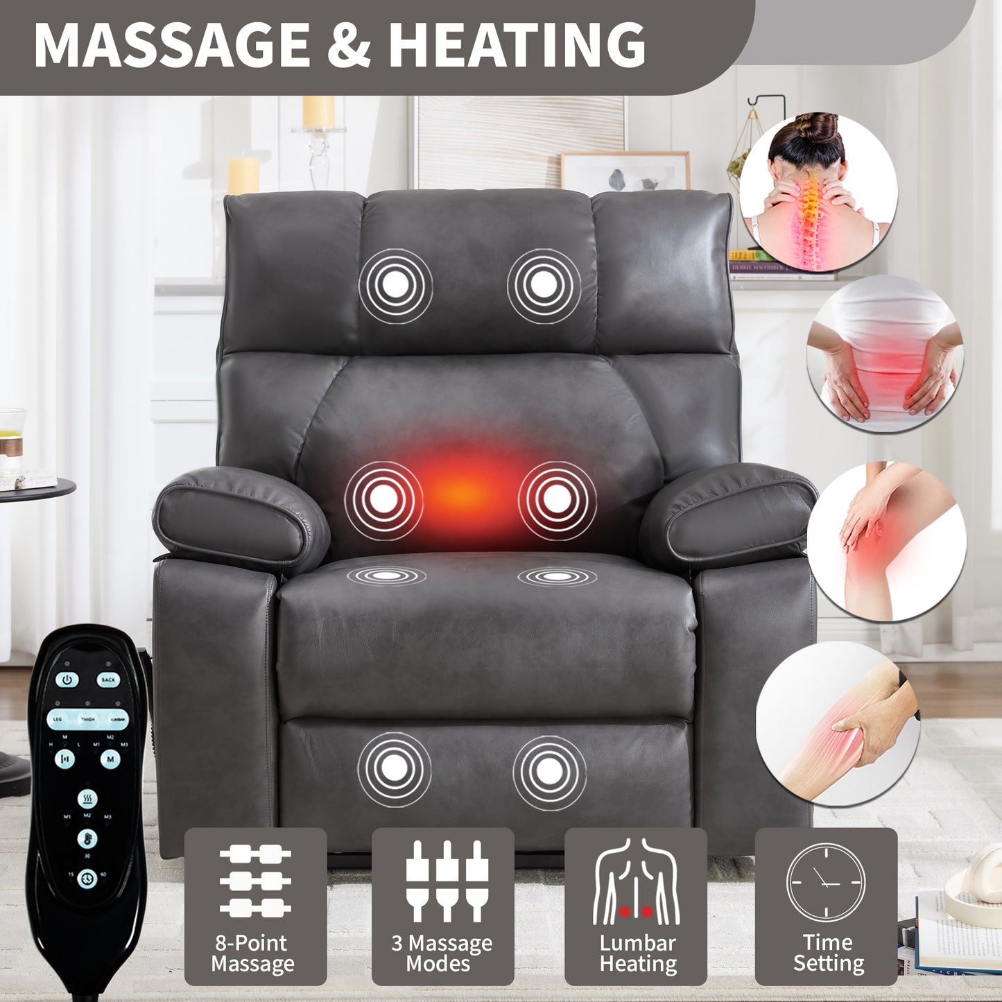 Dark Grey Leatheraire Heat Massage Dual Motor Infinite Position Up to 350 LBS Large Electric Power Lift Recliners with Hidden Cup Holders - detail view 7