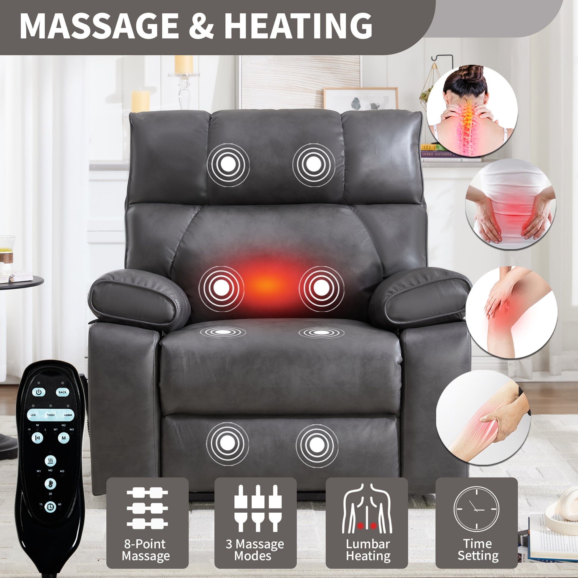 Dark Grey Leatheraire Heat Massage Dual Motor Infinite Position Up to 350 LBS Large Electric Power Lift Recliners with Hidden Cup Holders - detail view 7