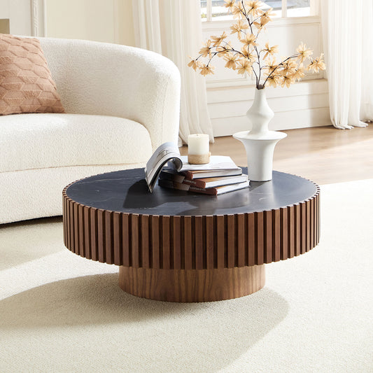 35.43'' Nesting Round Sintered Stone Tabletop Modern Drum Coffee Table Luxury Circle Coffee Table - Walnut - primary color shot