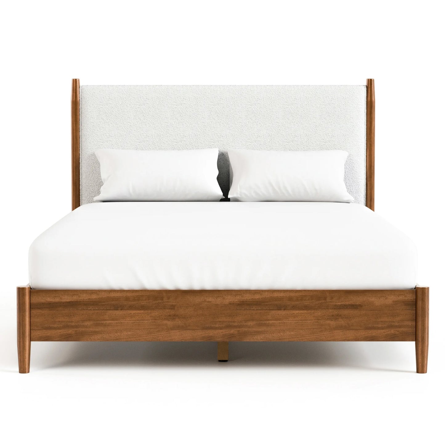Thusis Queen Bed - Mid-Century Modern Walnut/Beige Bouclé