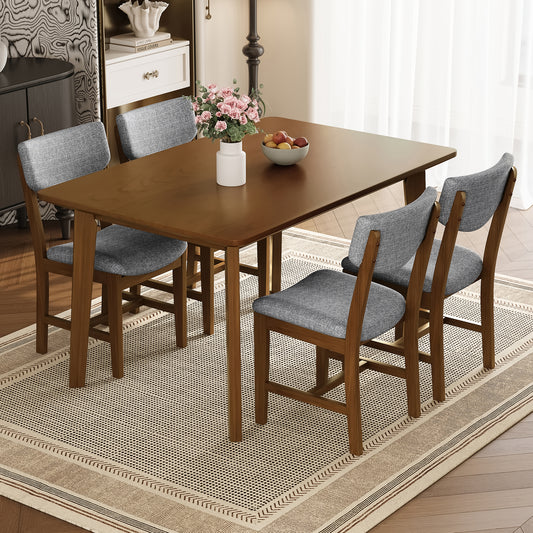 Rustic 5-Piece Dining Set - 1 Solid Wood Table + 4 Upholstered Chairs - Walnut - primary color shot