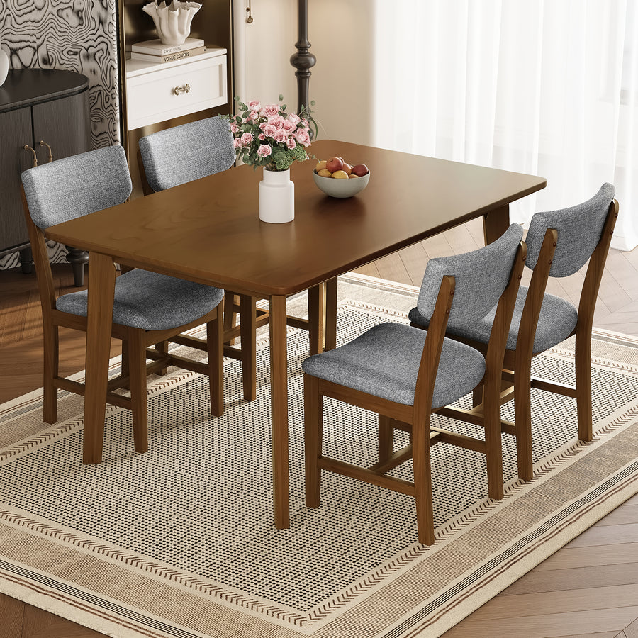 Rustic 5-Piece Dining Set - 1 Solid Wood Table + 4 Upholstered Chairs - Walnut - primary color shot