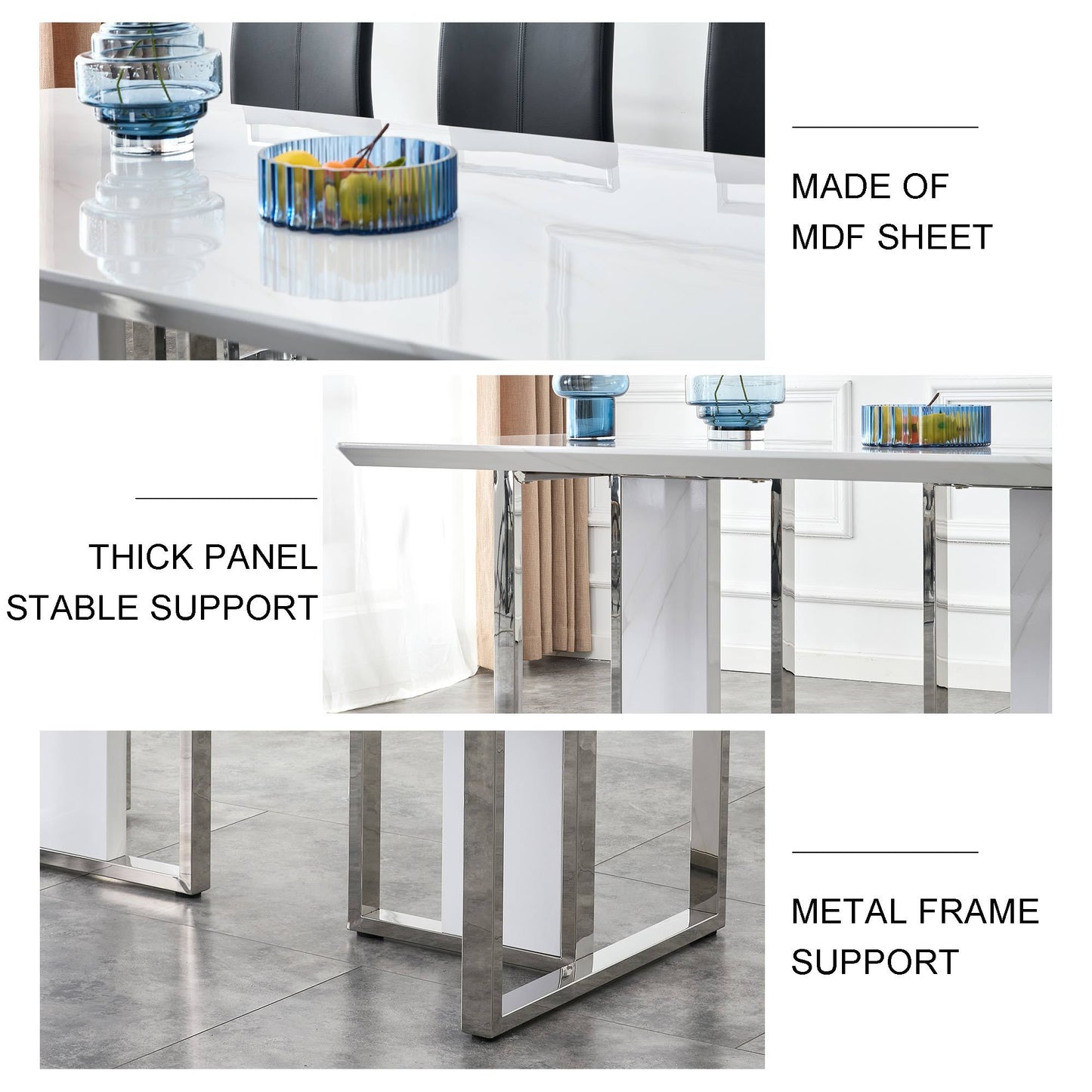 A Modern Minimalist & Luxurious White Rectangular with a Patterned Dining Table. MDF Table & Stainless Steel Frame. Computer Desk. Game Table. - detail view 5