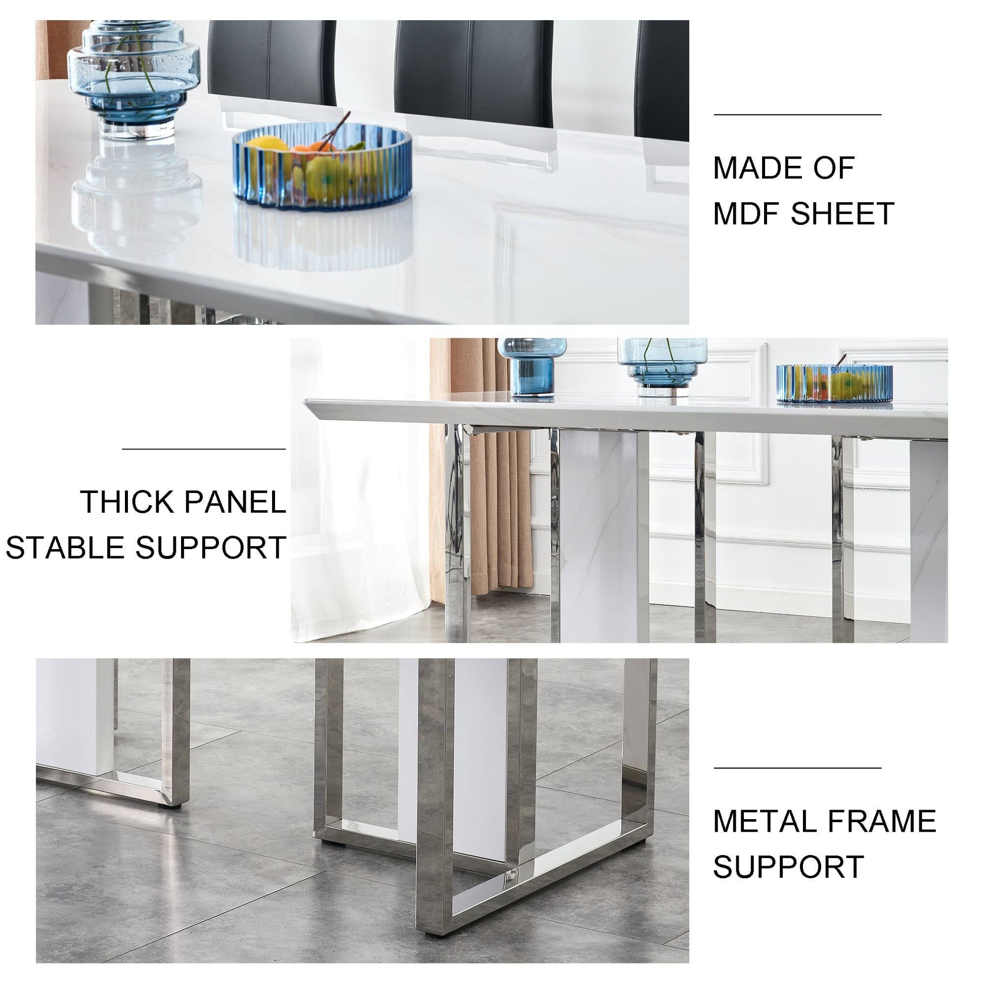 A Modern Minimalist & Luxurious White Rectangular with a Patterned Dining Table. MDF Table & Stainless Steel Frame. Computer Desk. Game Table. - detail view 5