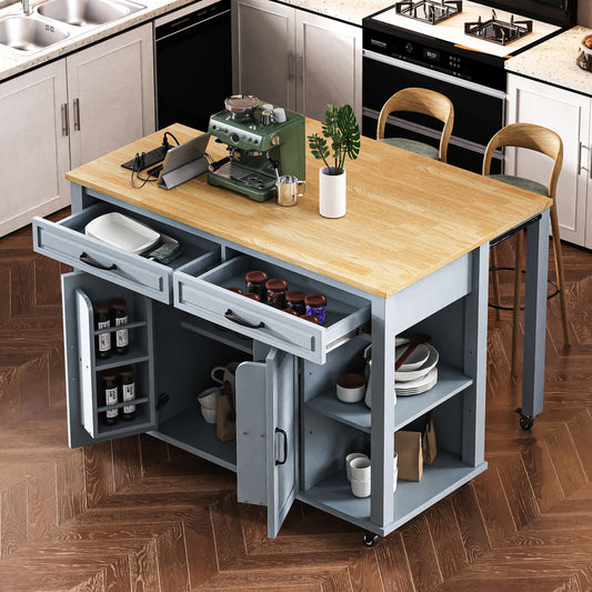 K&k 47" Kitchen Island with Extendable Dining Table - Grey & Blue - primary color shot