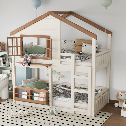 Twin Size Bunk Bed/loft Bed with Bookshelf - Beige - detail view 2