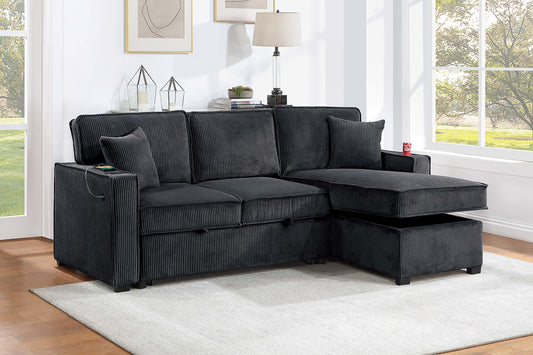 Contemporary Style Convertible Sectional Cup Holder USB And USB-C Port Storage Chaise Matching Pillows Pull Out Extension Black Finish Primary Living Room - primary color shot
