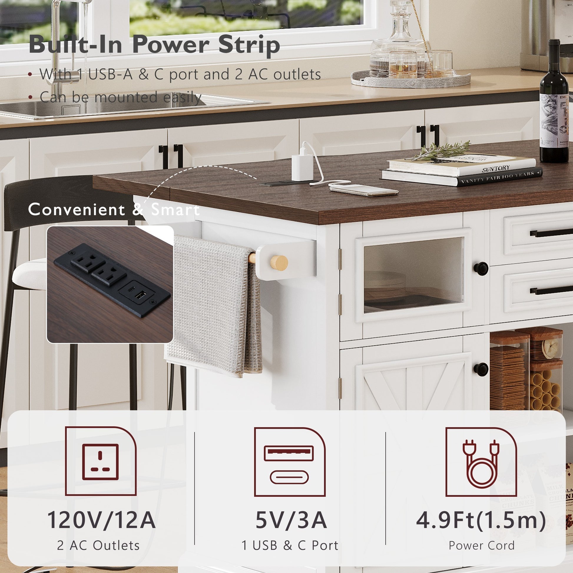 K&k 54.9' Kitchen Island with Drop Leaf - White - detail view 7