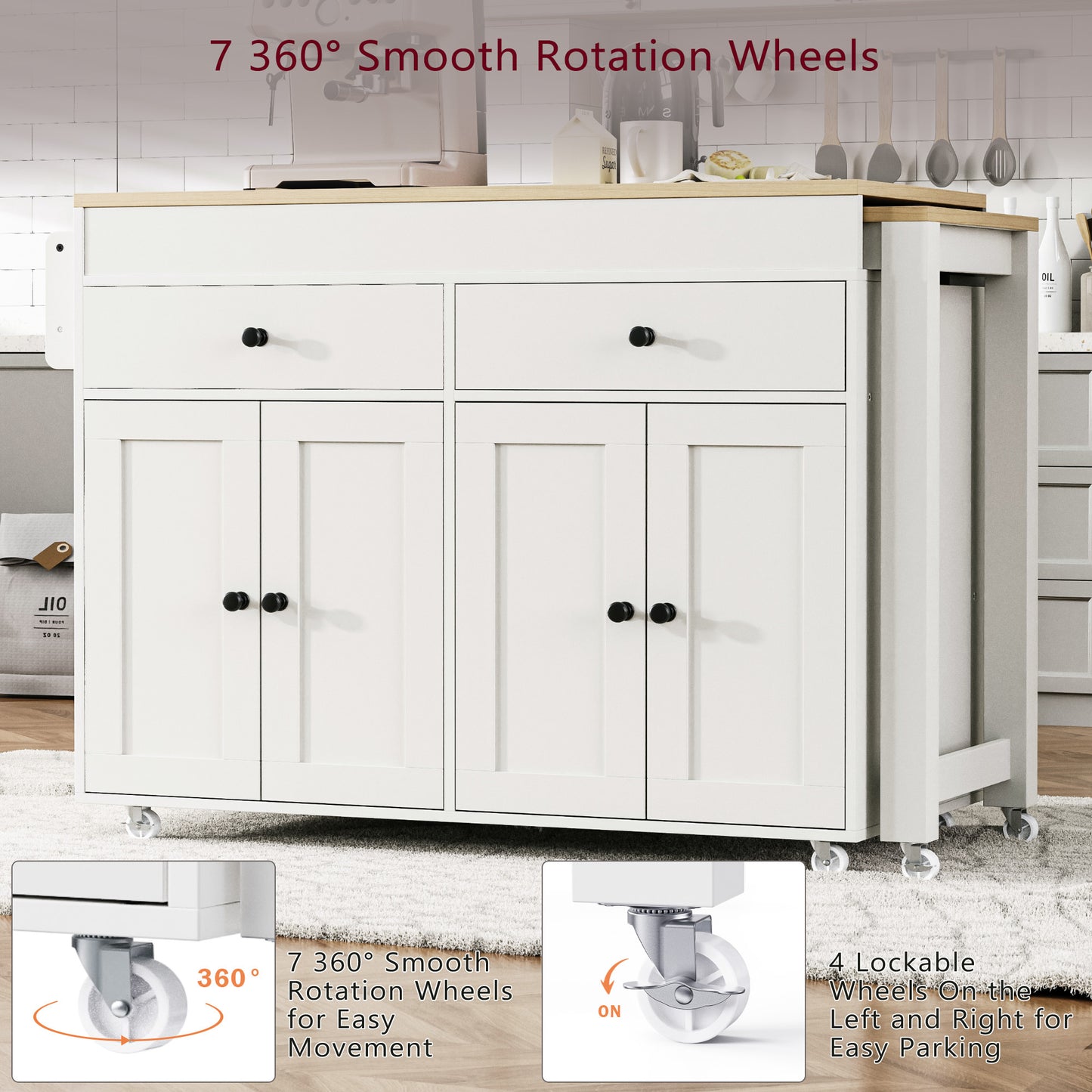 K&k 74" Kitchen Island with Extendable Dining Table - White - detail view 7
