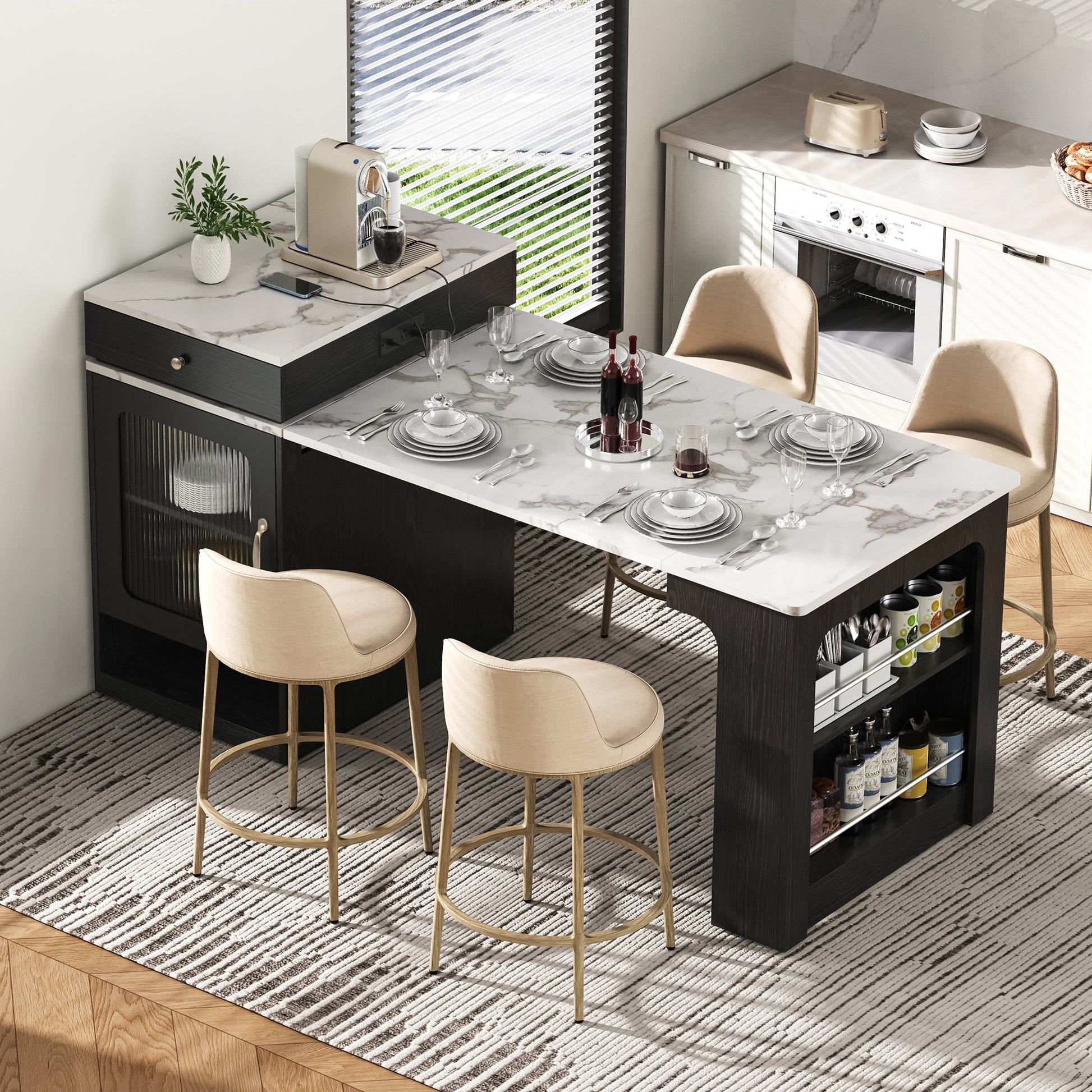 K&k 59.5' Kitchen Island with Extendable Dining Table - Black - primary color shot