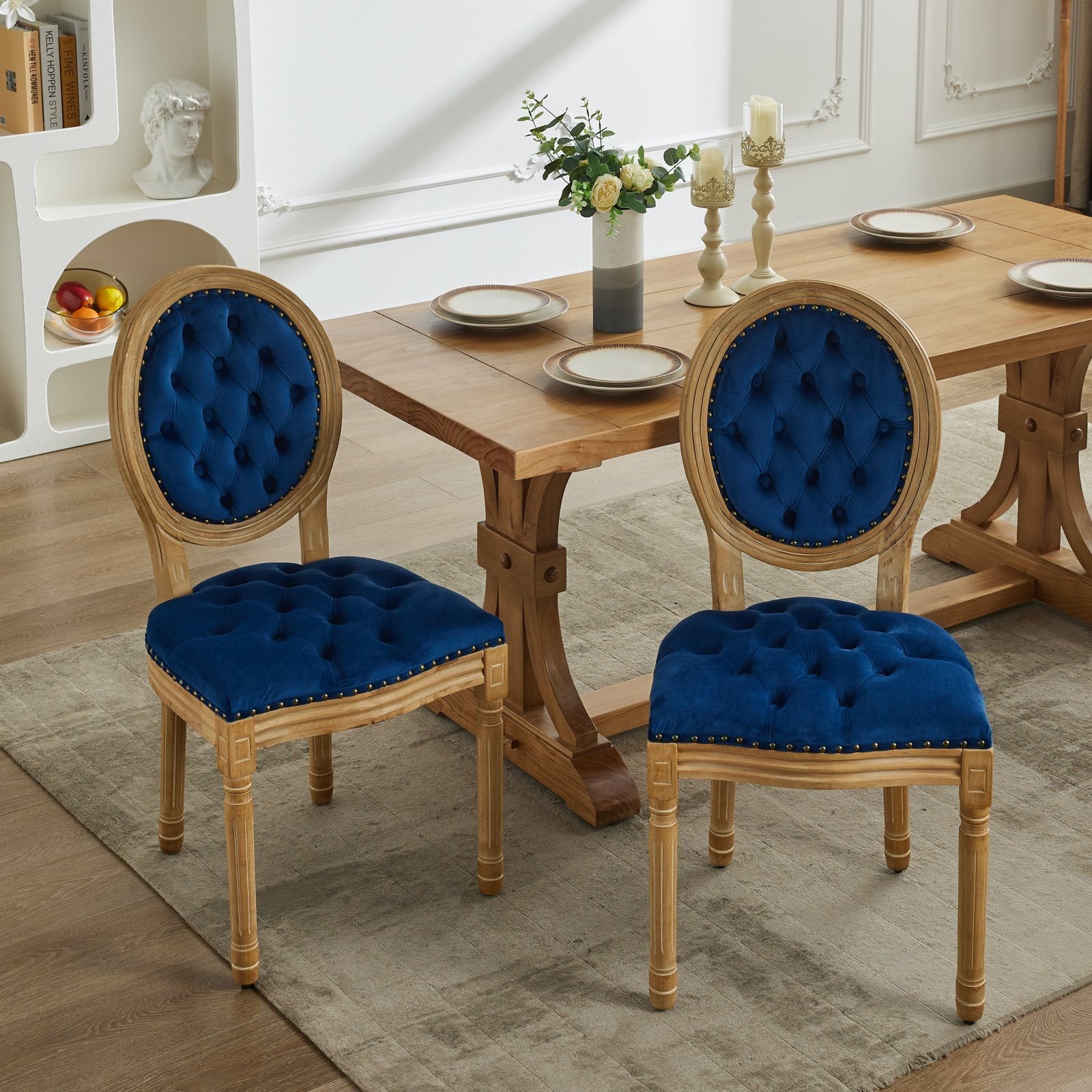 Eliza II French Country Style Side Chairs in Velvet & Solid Wood Set of 2 Blue