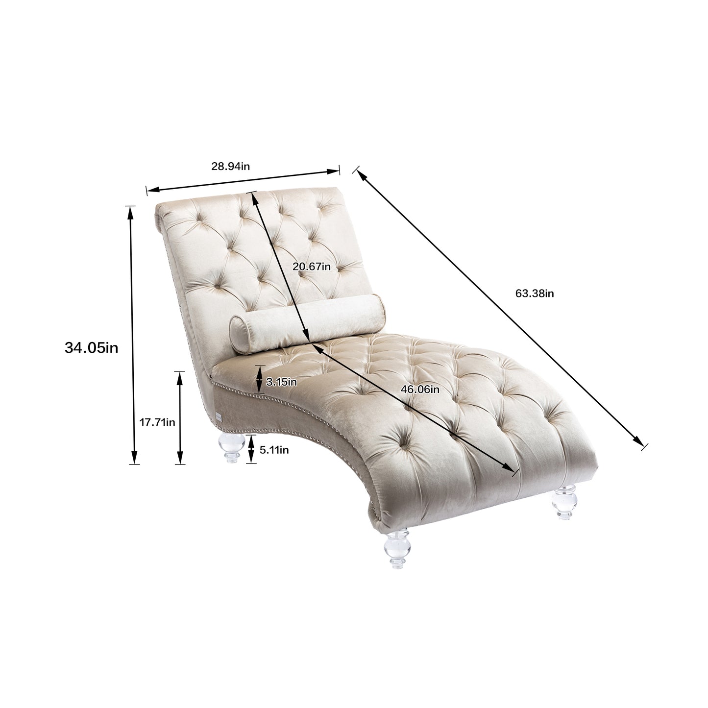 Beige Velvet Tufted Chaise Lounge with Wood Legs - detail view 2