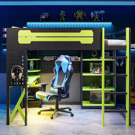 Full Size Wood Loft Bed with Desk - Black+green - detail view 2