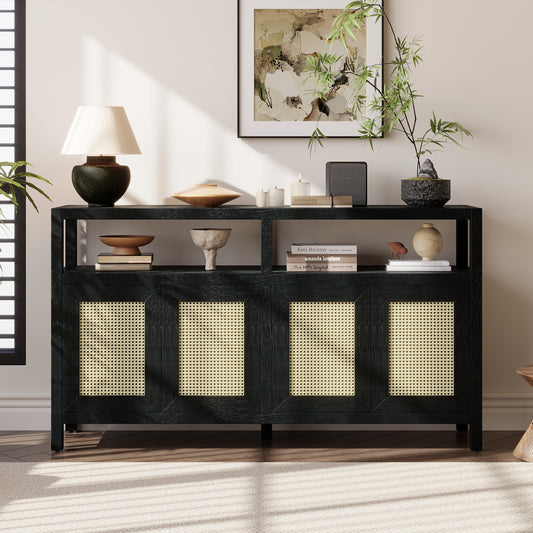 TREXM Bohemian Style Rattan Buffet Storage Cabinet with Solid Wood Frame - Black - detail view 2