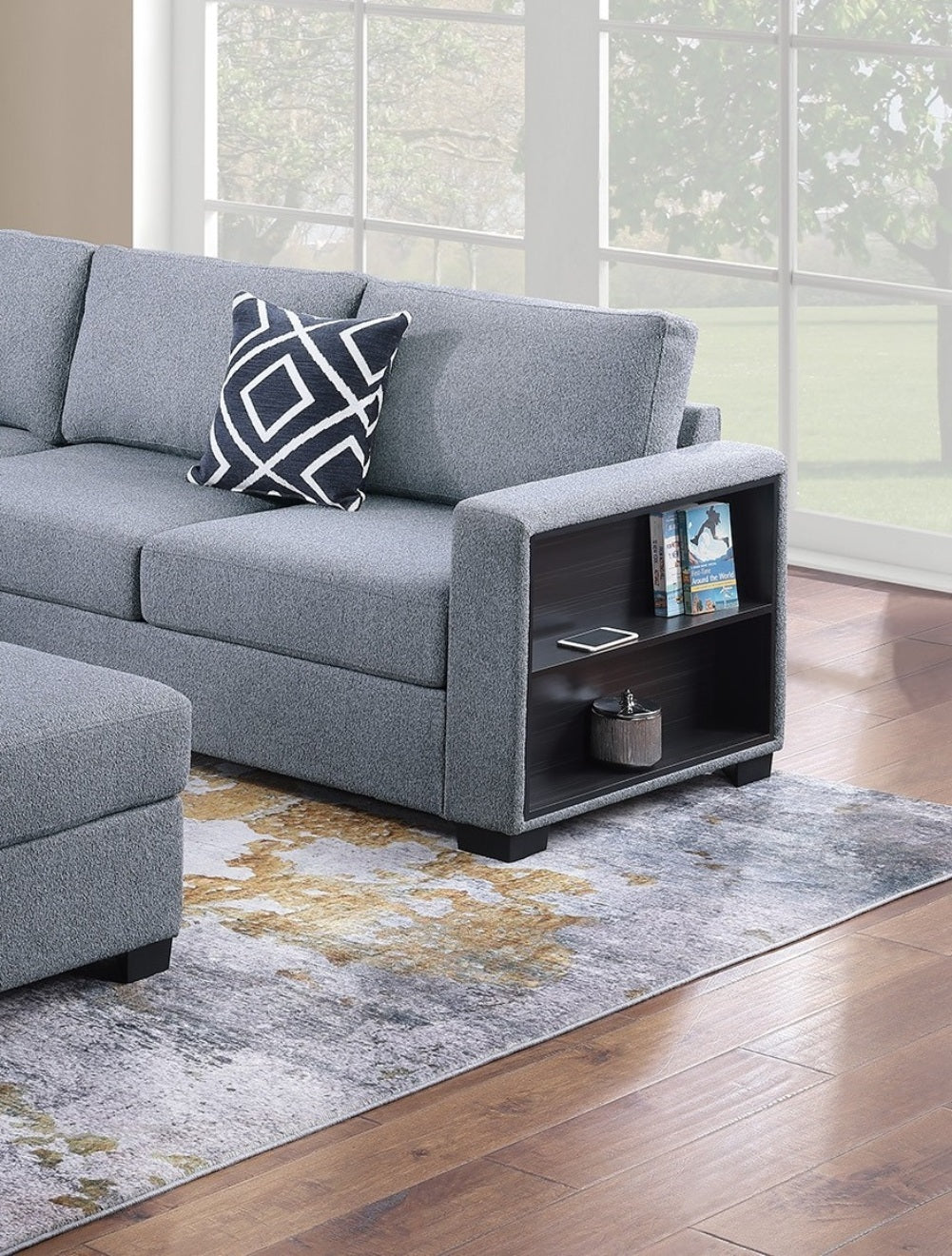 Contemporary Functional Sectional Sofa 4pc Set Gray Boucle Couch Loveseat w Built-in Shelfs Wedge, Ottoman Living Room Furniture L-Shaped Design Couch - detail view 4