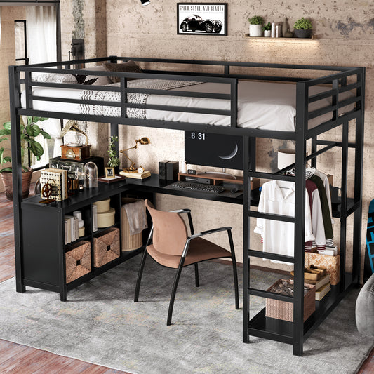 Metal Loft Bed with Wardrobe and L-Shaped Desk - Black - detail view 2