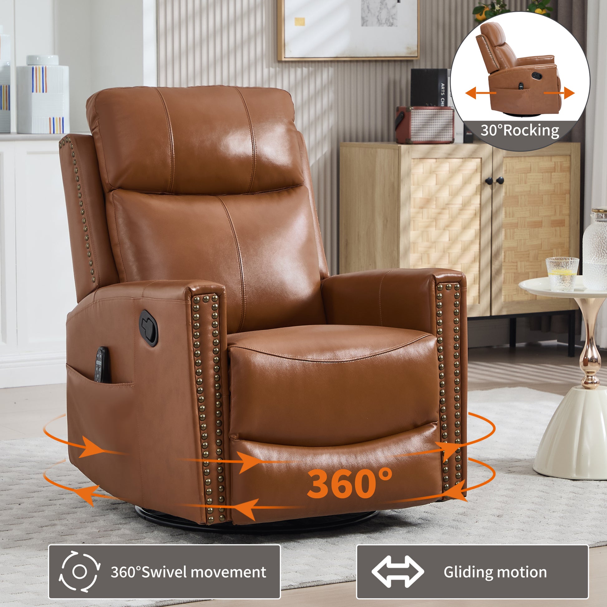 Deep Yellow Genuine Leather Heat Massage Manual Recliner Chair with Rocker and Swivel - detail view 4