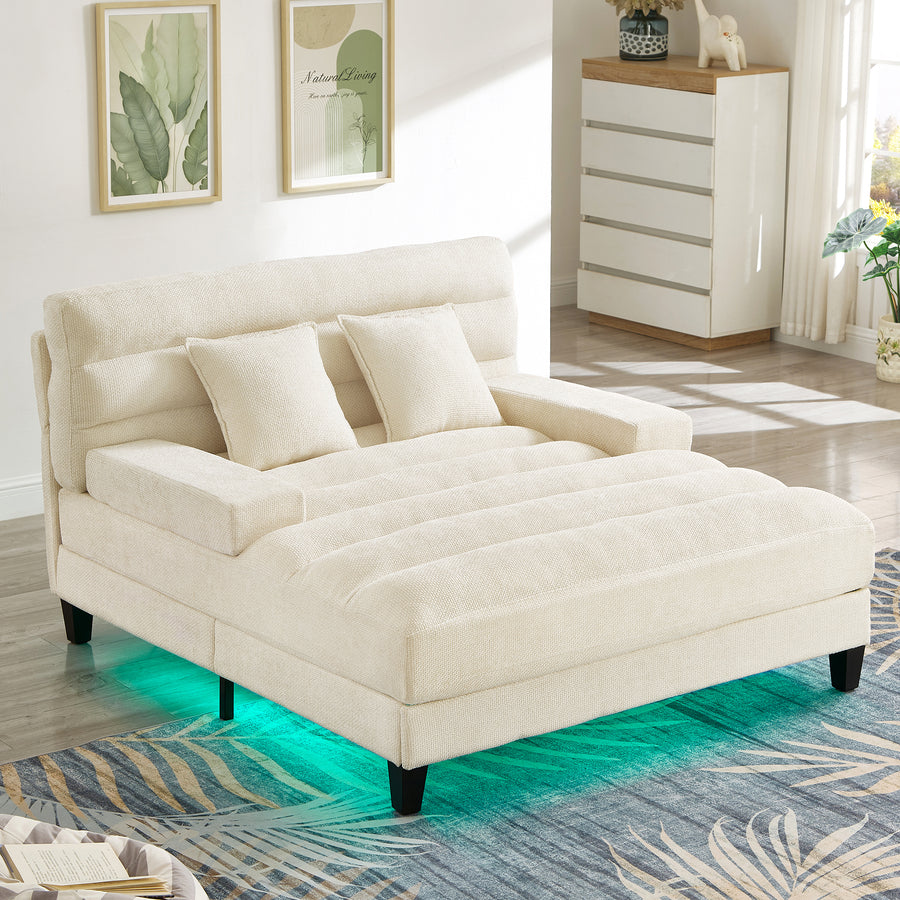 Modern Chaise Lounge Sofa 57.1' Sofa Bed Chenille Upholstered Lounge Sofa Chair with Adjustable Backrest & LED Light Strip - Beige - detail view 2