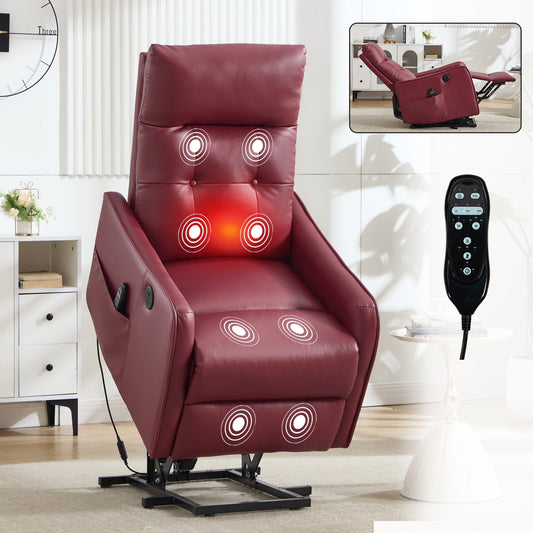 Wine Red PU Single Motor Power Lift Recliner Chair with Massage and Heat for Elderly - primary color shot