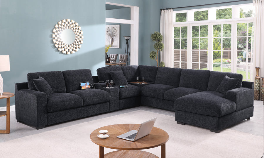 Celine 141.5' Dark Gray Chenille Fabric Corner Sectional Sofa with Right-Facing Chaise, Cupholders, and Charging Ports - primary color shot