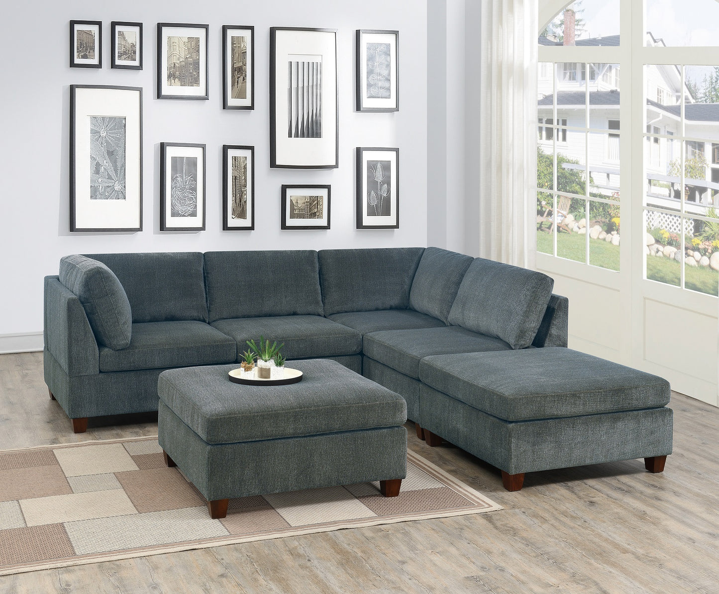 Living Room Furniture Grey Chenille Modular Sectional 6pc Set Corner L-Sectional Modern Couch 2x Corner Wedge 2x Armless Chairs and 2x Ottomans - detail view 2