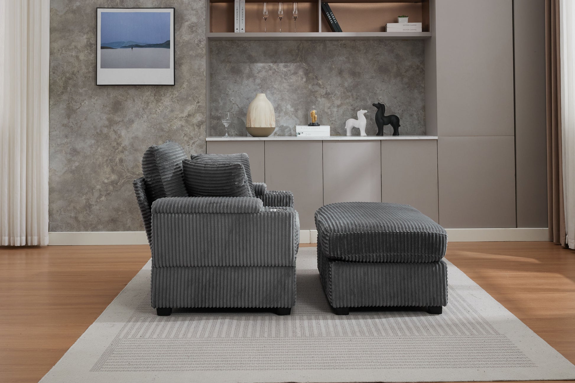 [video/new]corduroy Upholstered Chaise Lounge Sofa with Handrail Storage - Grey - detail view 8