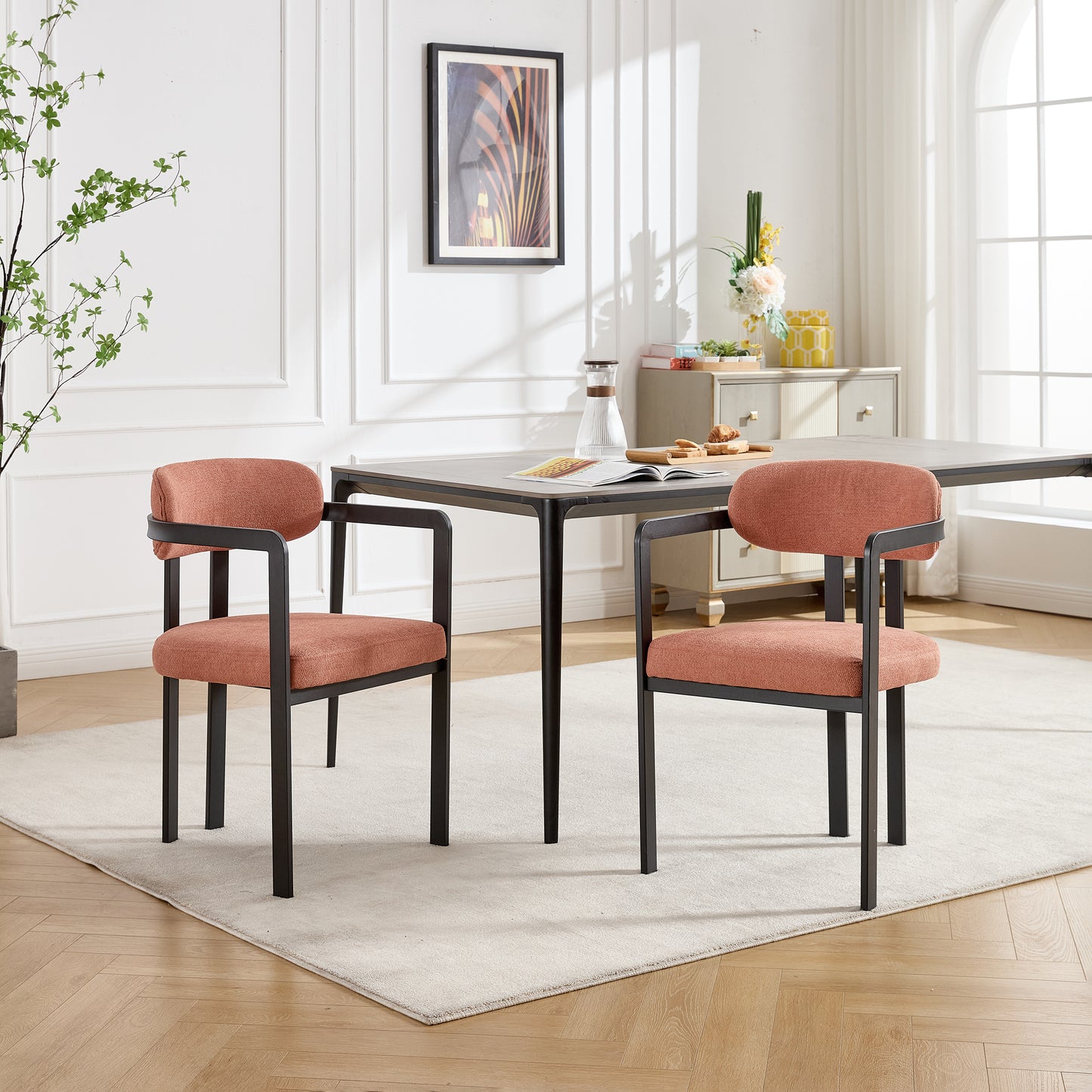 Liora Bouclé Dining Chairs with Black Metal Frame (Set of 2) - Orange