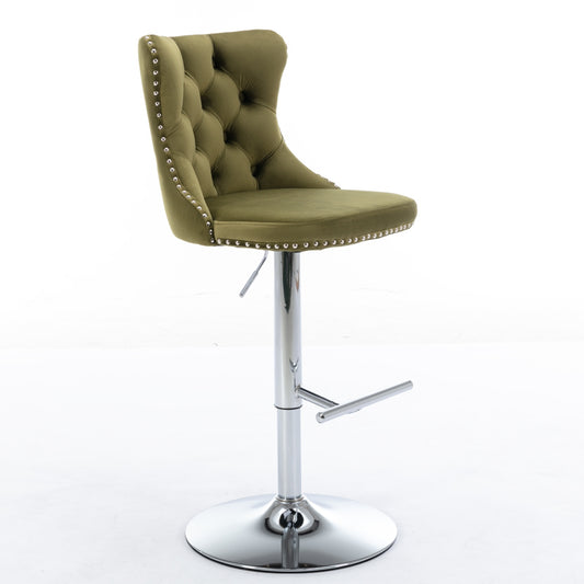 Olive Green Velvet Bar Stool with Silver Legs (Set of 2)