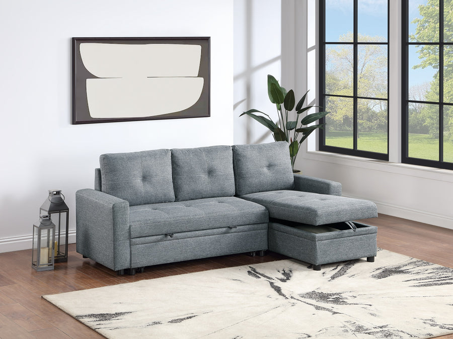 Black Gray Polyfiber Convertible Sectional Sofa Pull out Bed Couch Storage Chaise Reversible 2pc Sectional Living Room Furniture - primary color shot
