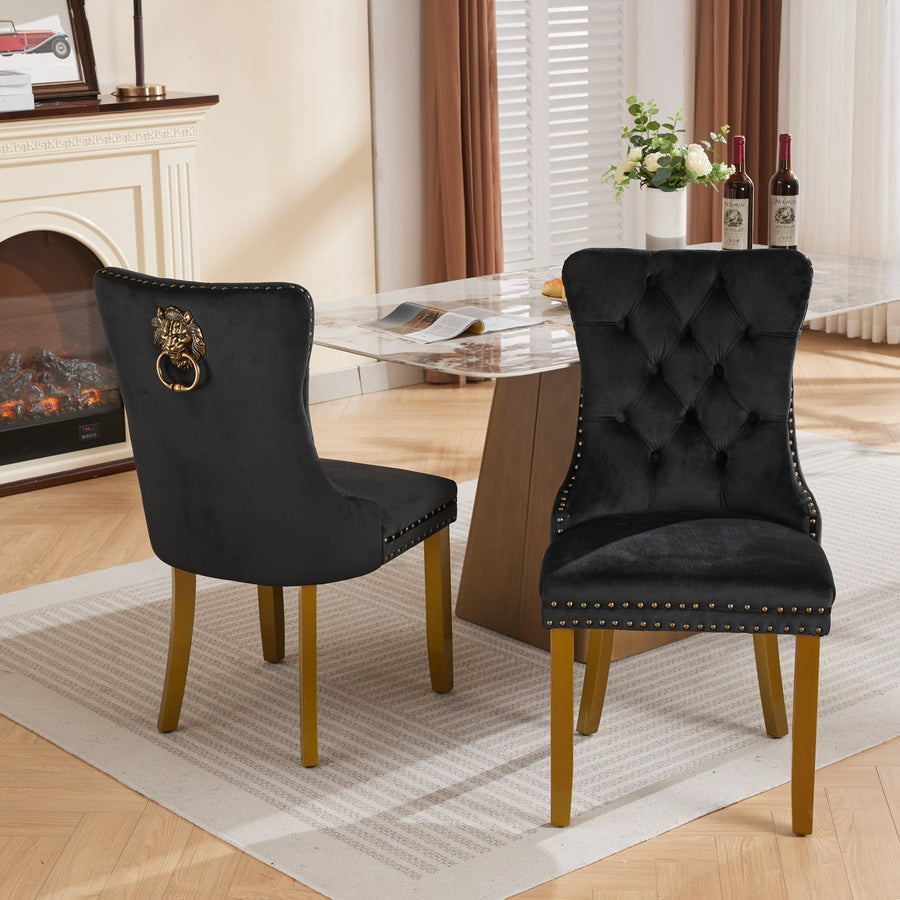 Black Velvet Tufted Nailhead Trim Dining Chairs with Gold Legs (Set of 2)
