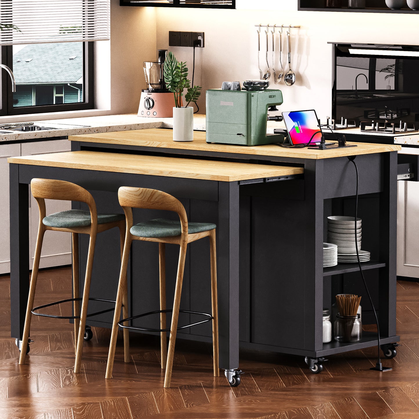 K&k 47" Kitchen Island with Extendable Dining Table - Black - detail view 2