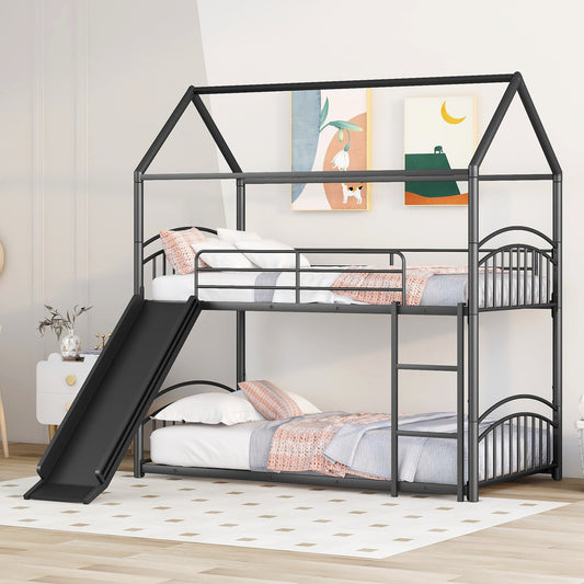 Twin over Twin Metal Bunk Bed with Slide - Black - primary color shot