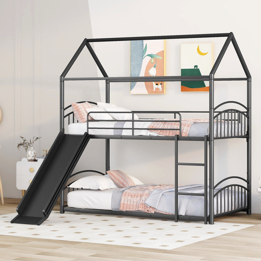 Twin over Twin Metal Bunk Bed with Slide - Black - primary color shot