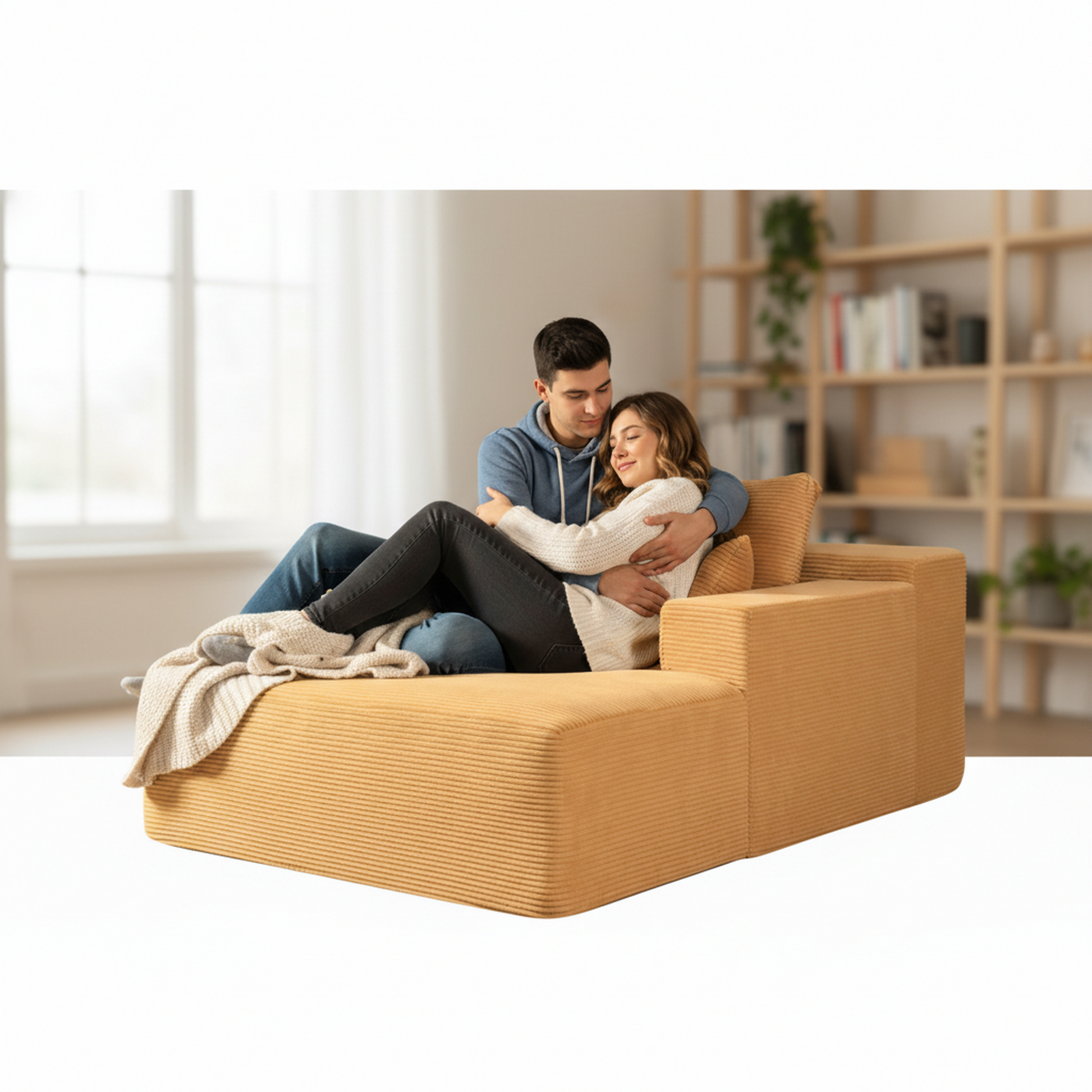 Convertible Chaise Lounge Chair Indoor – Oversized Corduroy Couch with Wide Armrest & Throw Pillows - Yellow - detail view 7