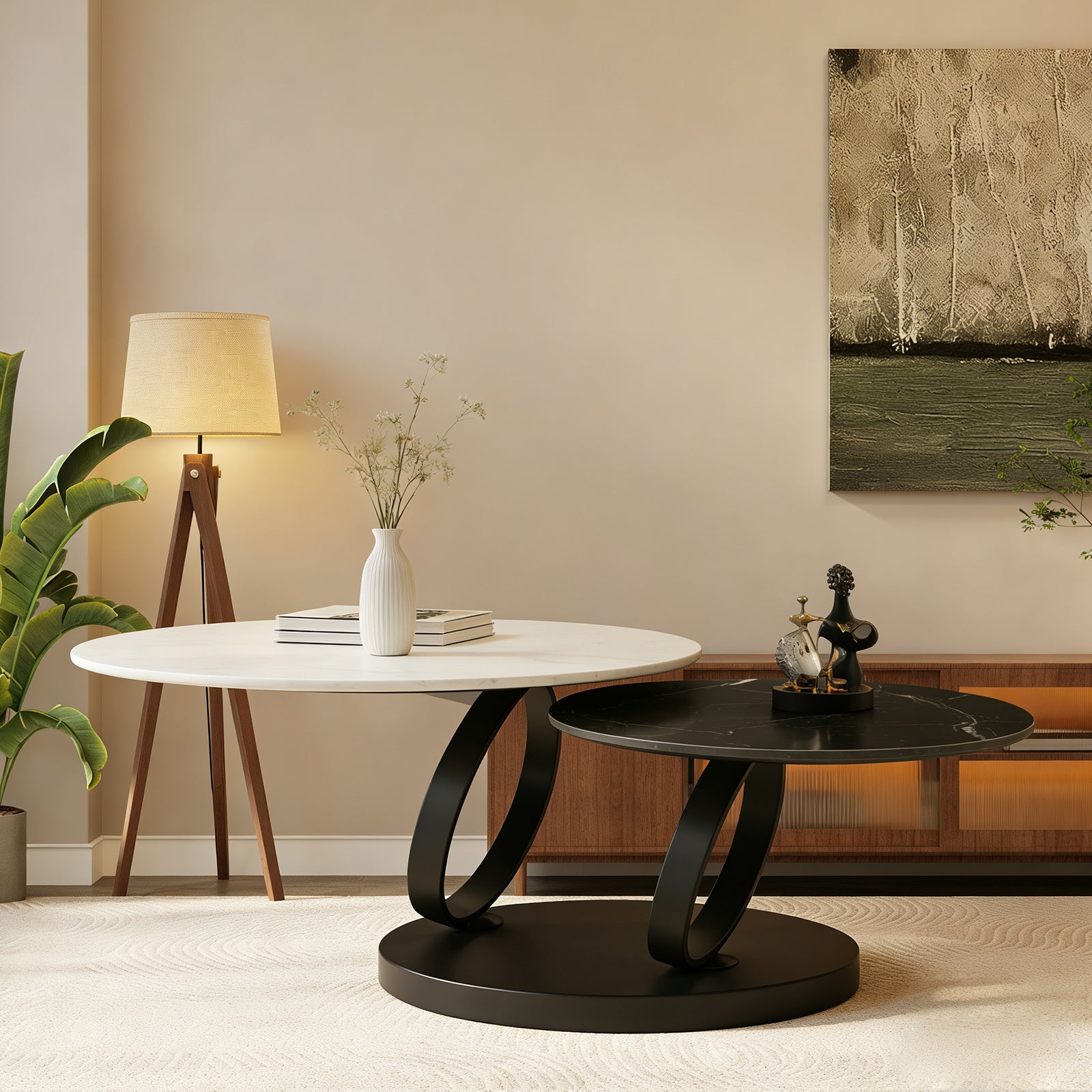 Black & White Metal+ceramic Tile Steel Frame Nesting Tables with Black Legs - detail view 2