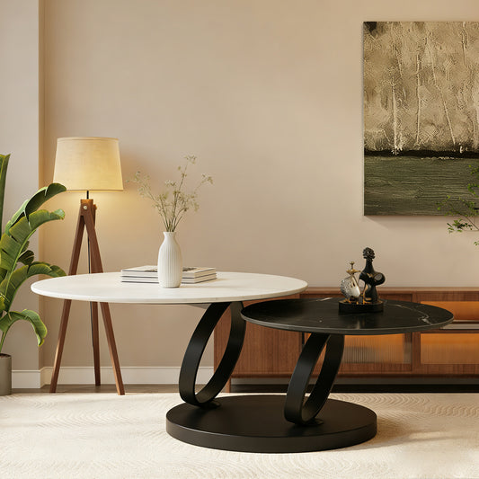 Black & White Metal+ceramic Tile Steel Frame Nesting Tables with Black Legs - detail view 2