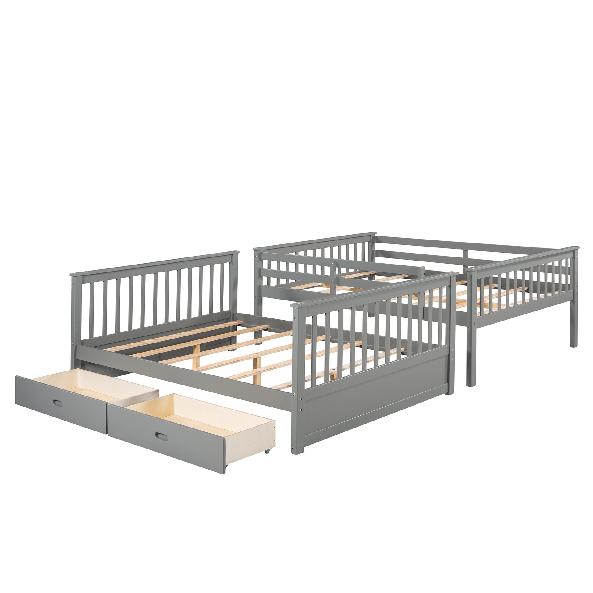 Full-Over-Full Bunk Bed with Ladders and Two Storage Drawers Gray